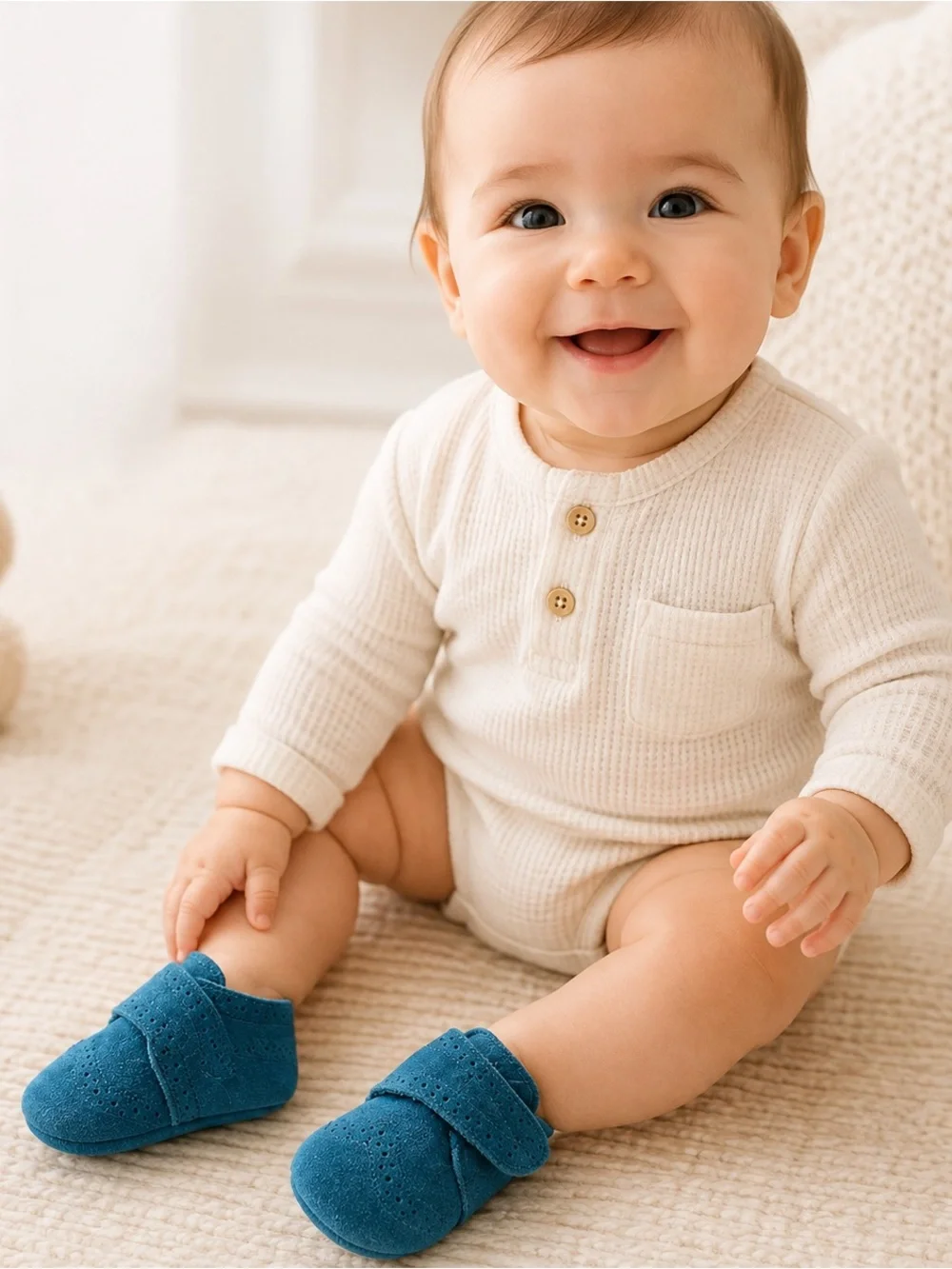 Teal Blue Suede Baby Crib Shoes Brogue Oxford Velcro Soft Sole Size 2